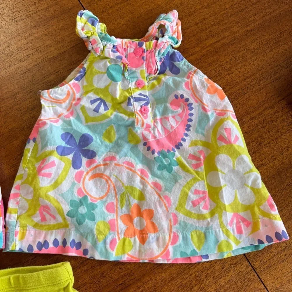 Carter’s 3 Piece Set Colorful Floral Tops and Neon Green / Yellow Pants Sz 9 mos